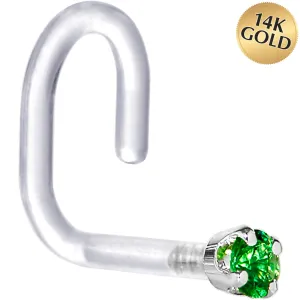 18 Gauge 1/4 White Gold 1.5mm Green Cubic Zirconia Bioplast Nose Ring