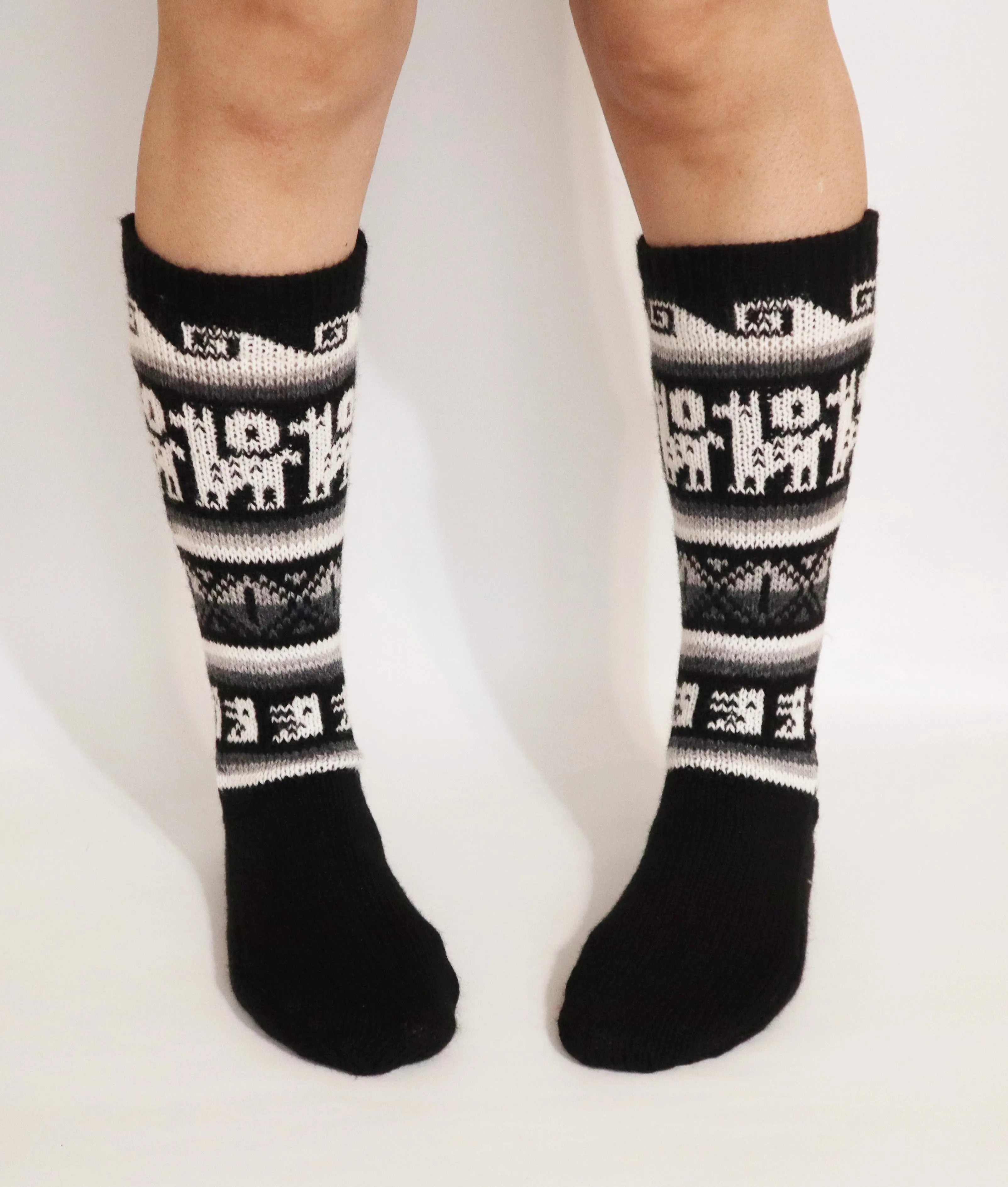 Alpaca Wool Socks Inca and Llama Design Medium Black. Socks for Women Fits Sizes 7-9