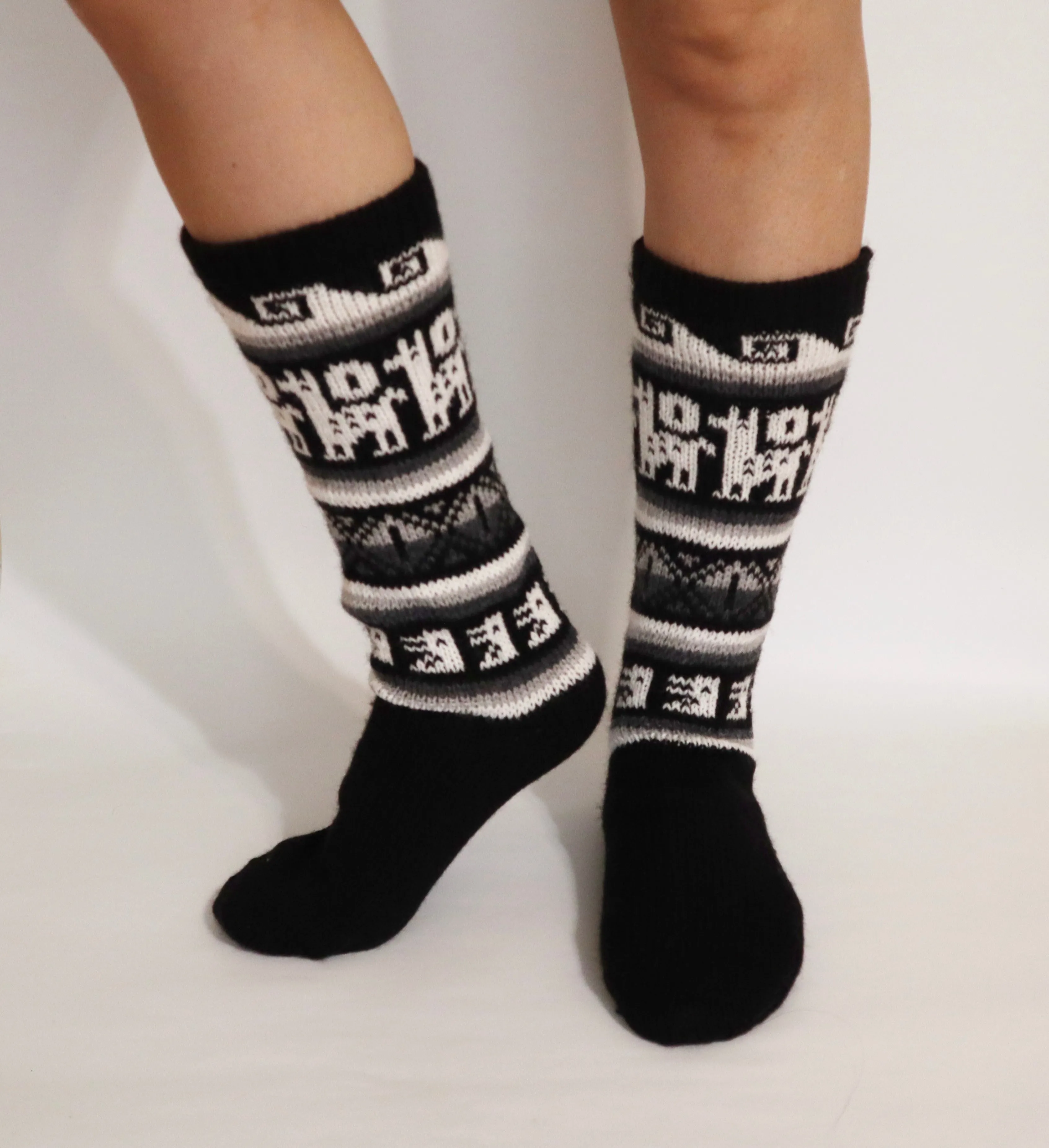 Alpaca Wool Socks Inca and Llama Design Medium Black. Socks for Women Fits Sizes 7-9