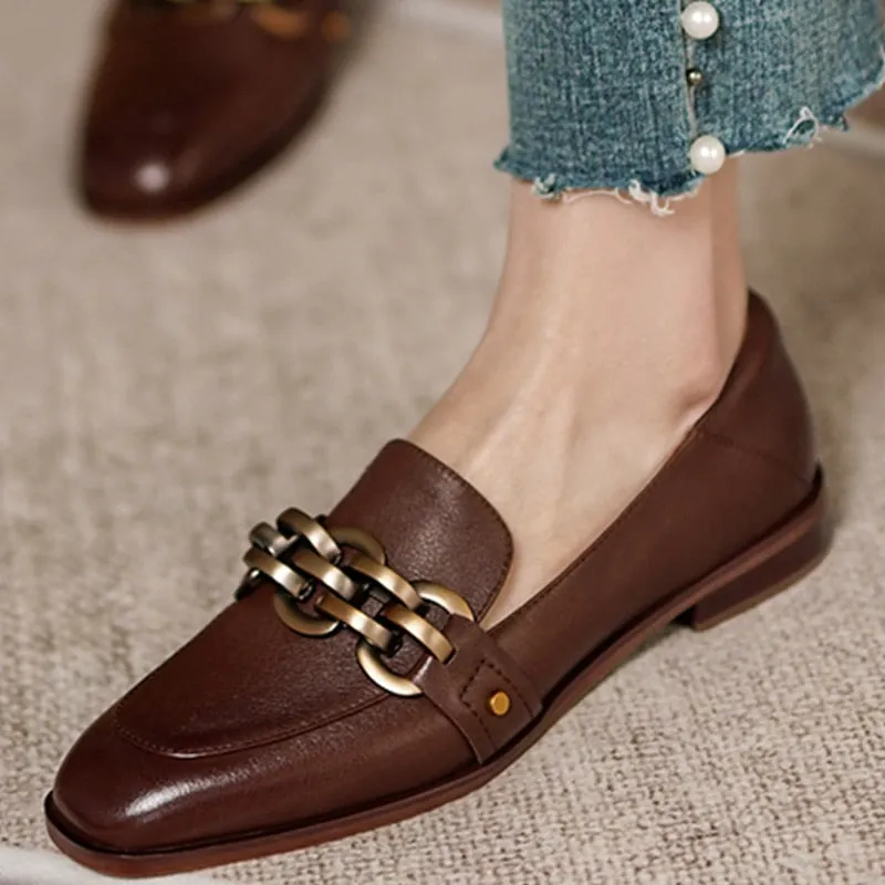 Antmvs  New Women Chain Loafers 22-25cm Low Heels Genuine Leather Round Toe Slip on Loafers Ladies Cozy Casual Spring Shoes