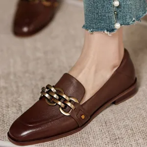 Antmvs  New Women Chain Loafers 22-25cm Low Heels Genuine Leather Round Toe Slip on Loafers Ladies Cozy Casual Spring Shoes