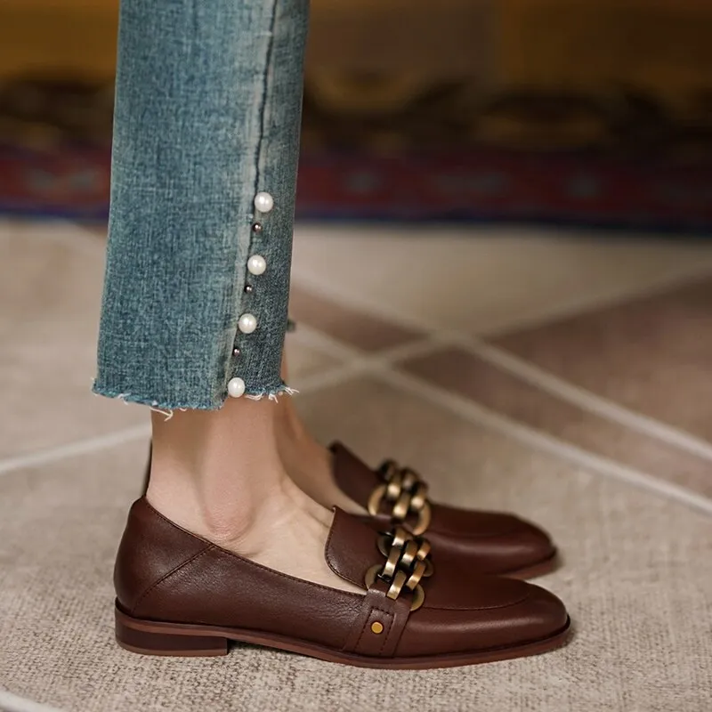 Antmvs  New Women Chain Loafers 22-25cm Low Heels Genuine Leather Round Toe Slip on Loafers Ladies Cozy Casual Spring Shoes