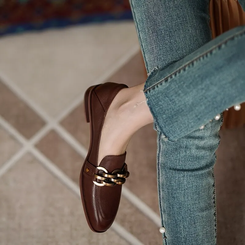 Antmvs  New Women Chain Loafers 22-25cm Low Heels Genuine Leather Round Toe Slip on Loafers Ladies Cozy Casual Spring Shoes