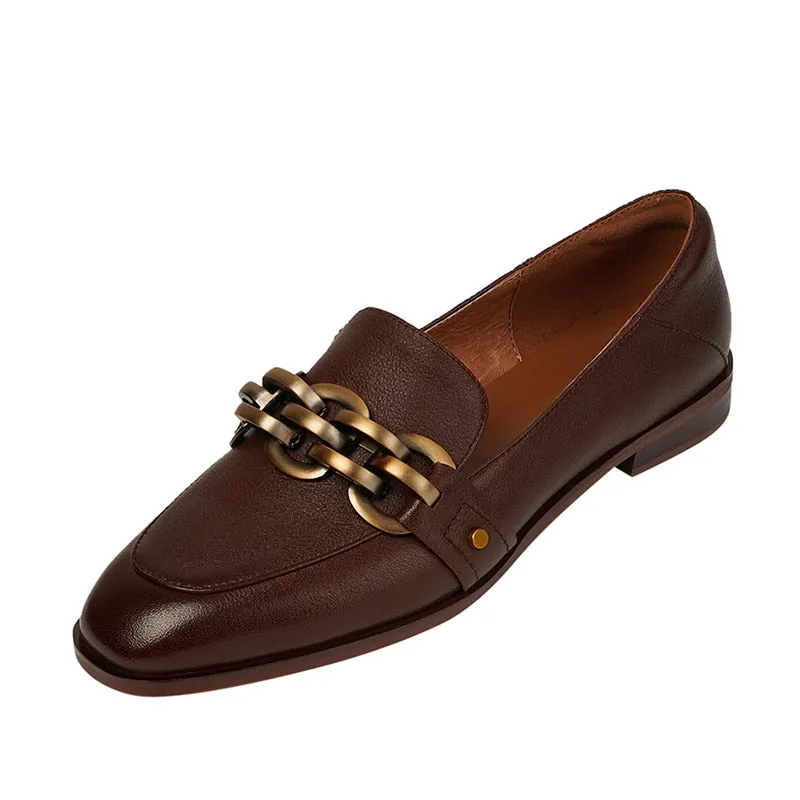 Antmvs  New Women Chain Loafers 22-25cm Low Heels Genuine Leather Round Toe Slip on Loafers Ladies Cozy Casual Spring Shoes
