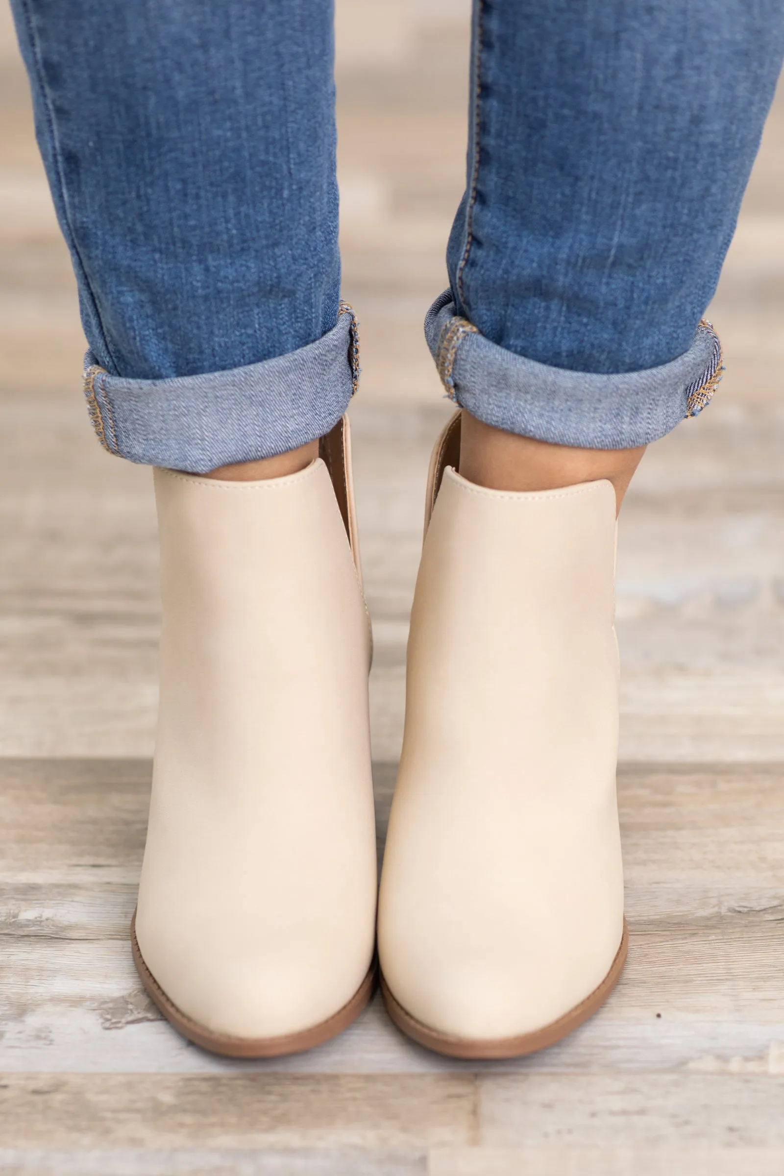 Beige Back Zip Booties With Cutout Detail