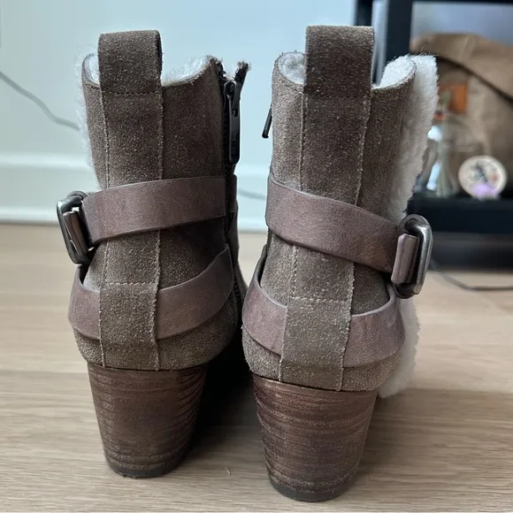 Belle Sigerson Morrison Laica Suede Shearling Fur Buckle Boot Taupe Brown 6.5