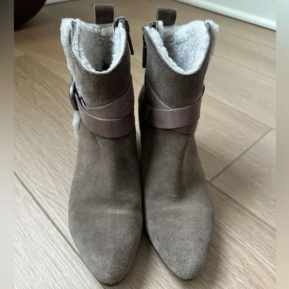 Belle Sigerson Morrison Laica Suede Shearling Fur Buckle Boot Taupe Brown 6.5