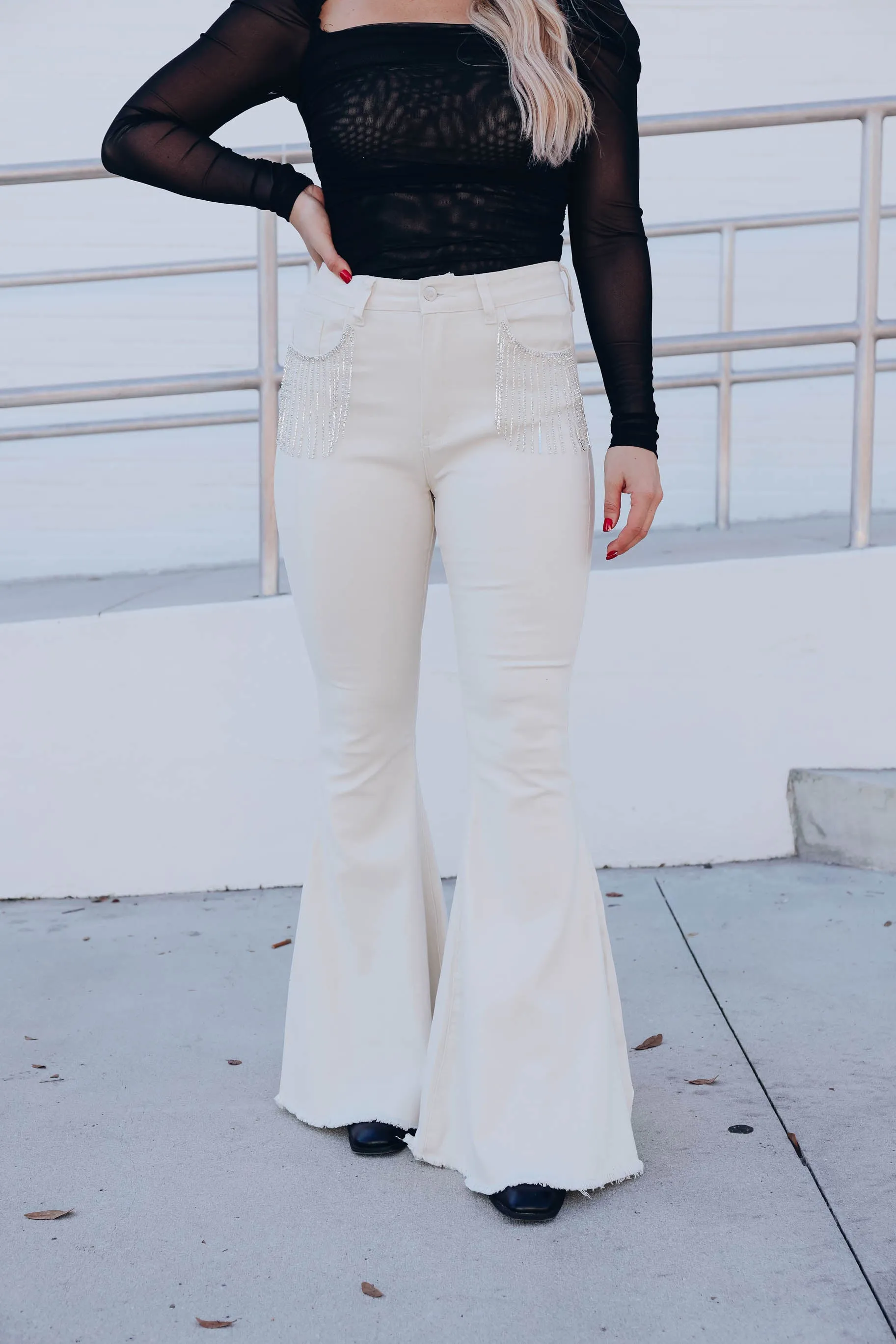 Bishop Rhinestone Flare Pants - Ivory