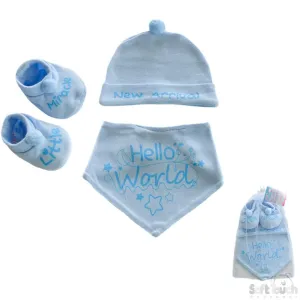 Blue Bandana Bib, Hat & Bootee Set With Pom Poms: HBB254-B