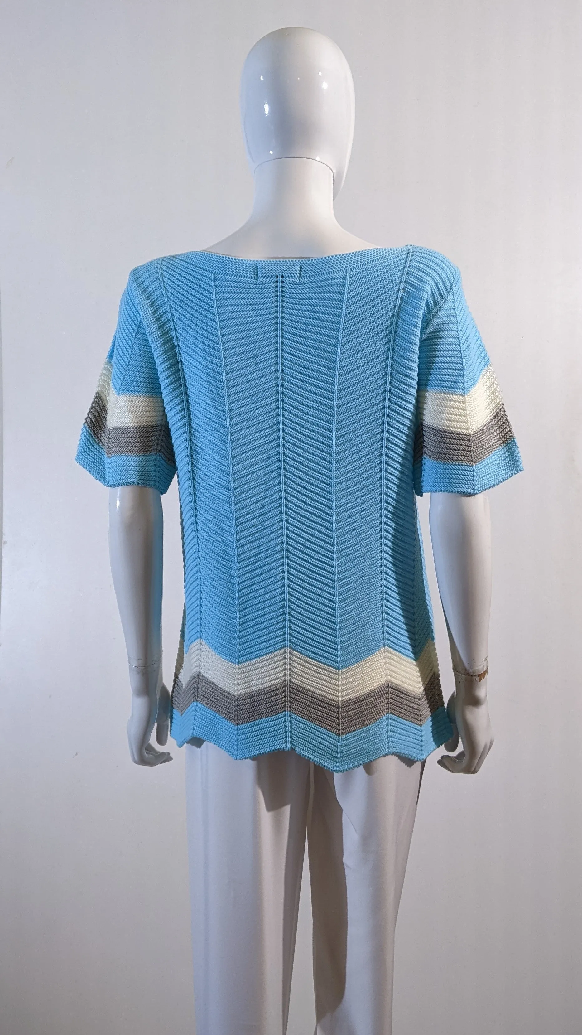Blue Stylish Pattern Ribbed Short Sleeve Jumper