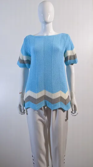 Blue Stylish Pattern Ribbed Short Sleeve Jumper