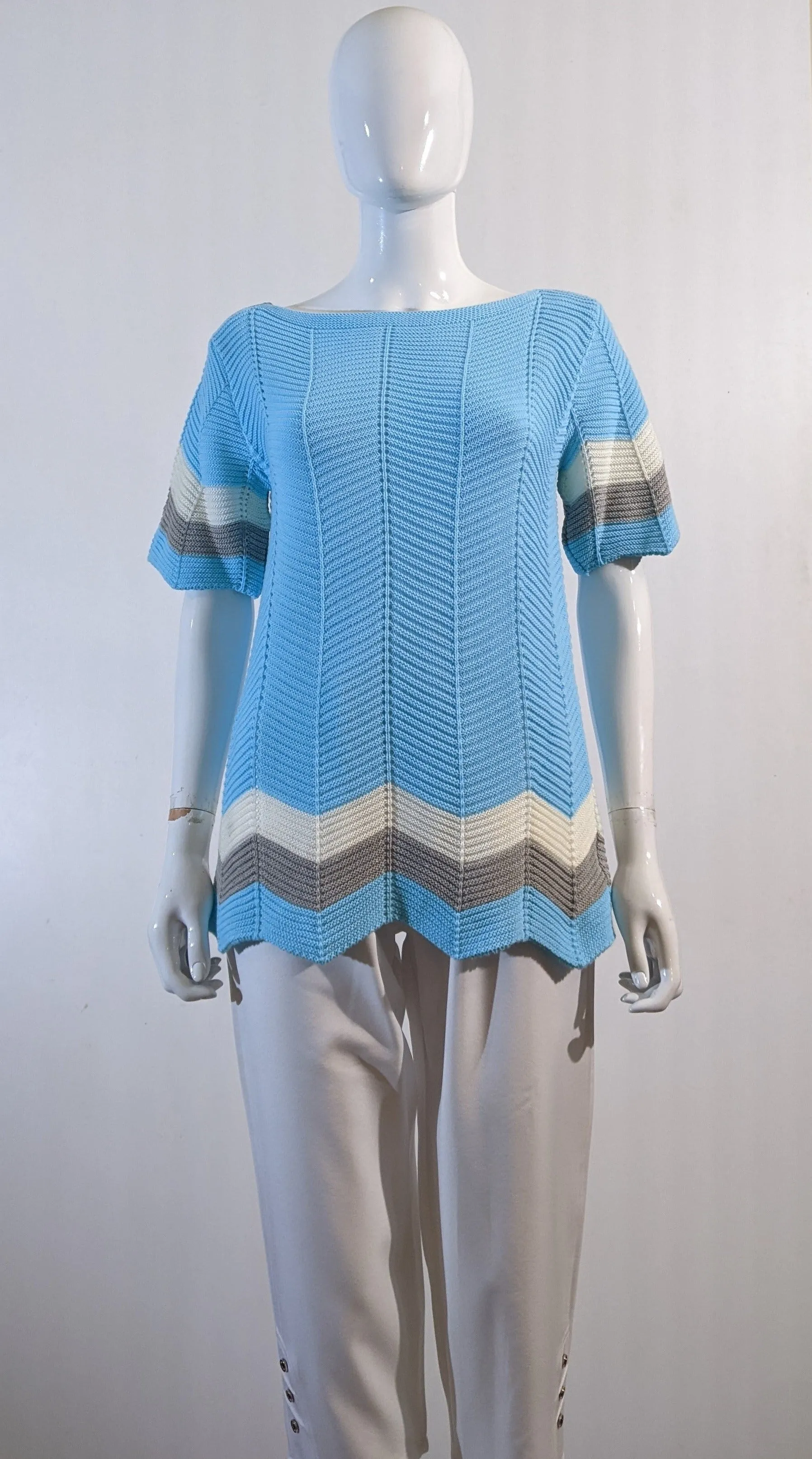 Blue Stylish Pattern Ribbed Short Sleeve Jumper
