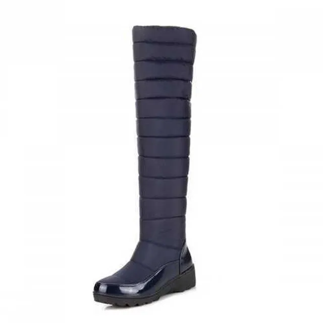 BONJOMARISA Knee Thigh High Boots Women Winter Shoes With Fur Platform Shoes Black Blue Sequined Down Snow Boots Woman 2018