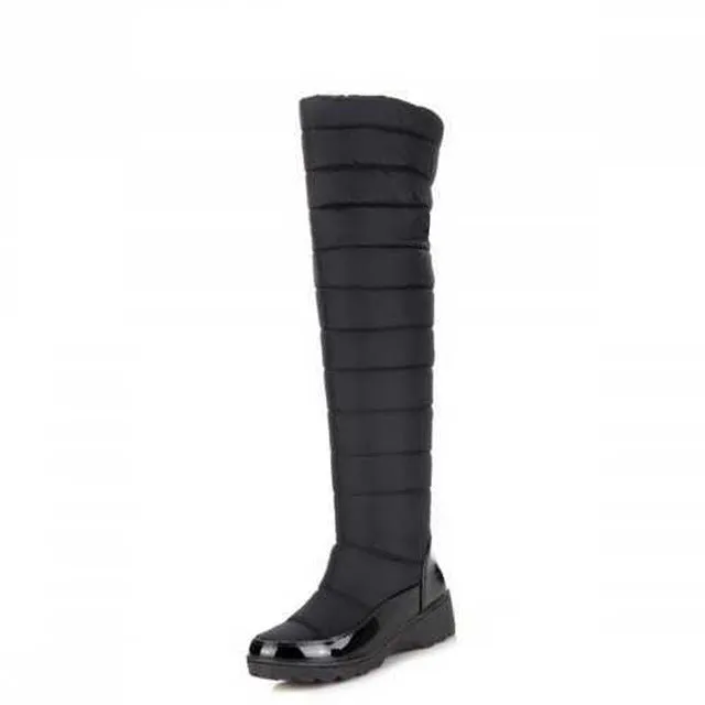BONJOMARISA Knee Thigh High Boots Women Winter Shoes With Fur Platform Shoes Black Blue Sequined Down Snow Boots Woman 2018