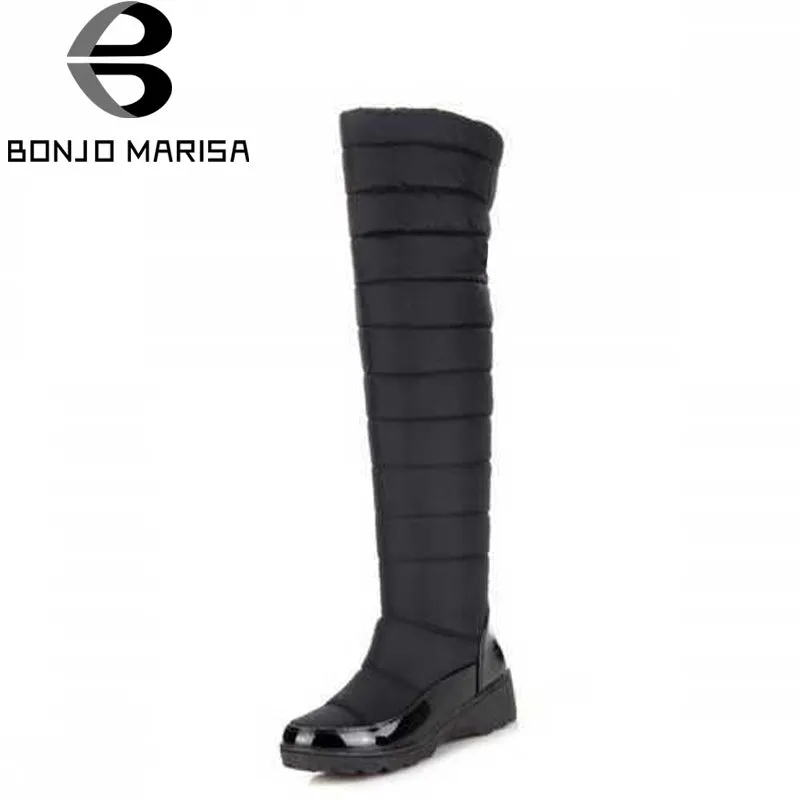 BONJOMARISA Knee Thigh High Boots Women Winter Shoes With Fur Platform Shoes Black Blue Sequined Down Snow Boots Woman 2018