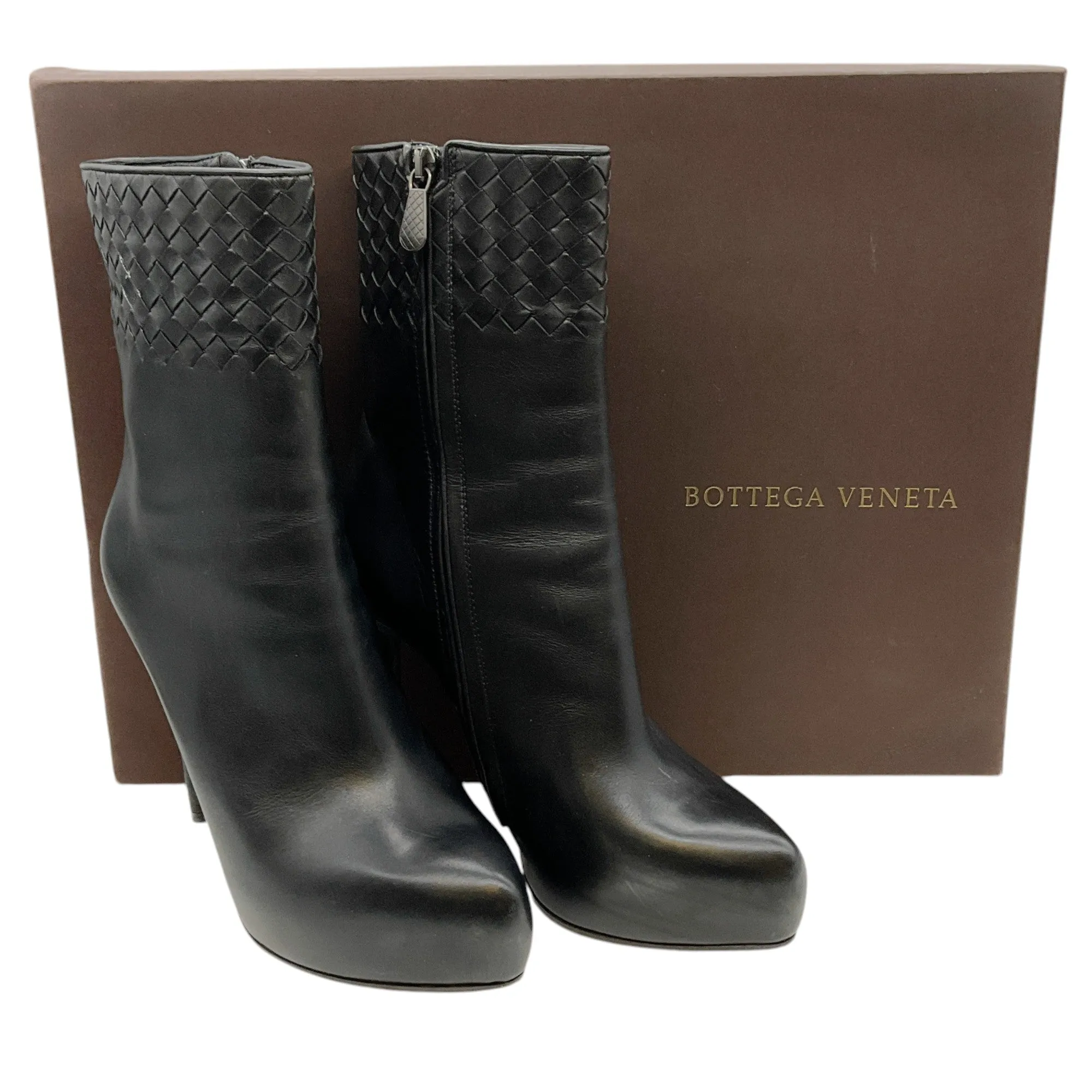 Bottega Veneta Black Leather New VIP Intrecciato Platform Booties