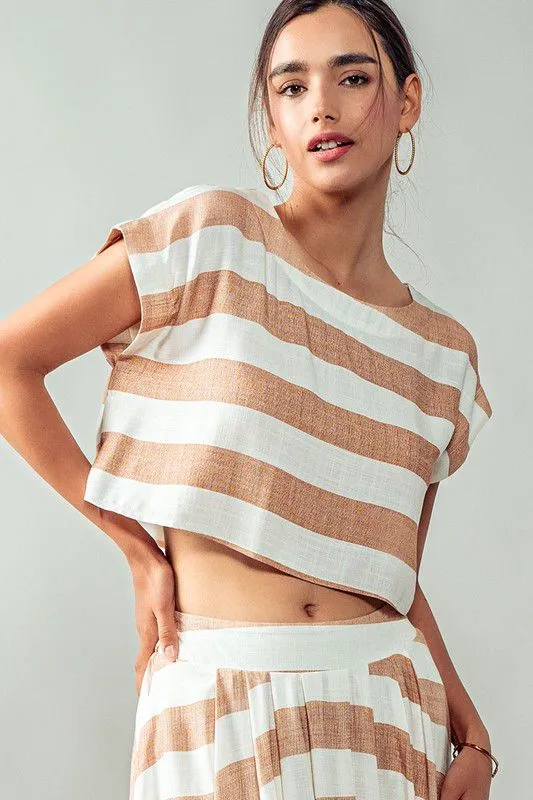 Breezy beachside striped taupe white cropped top