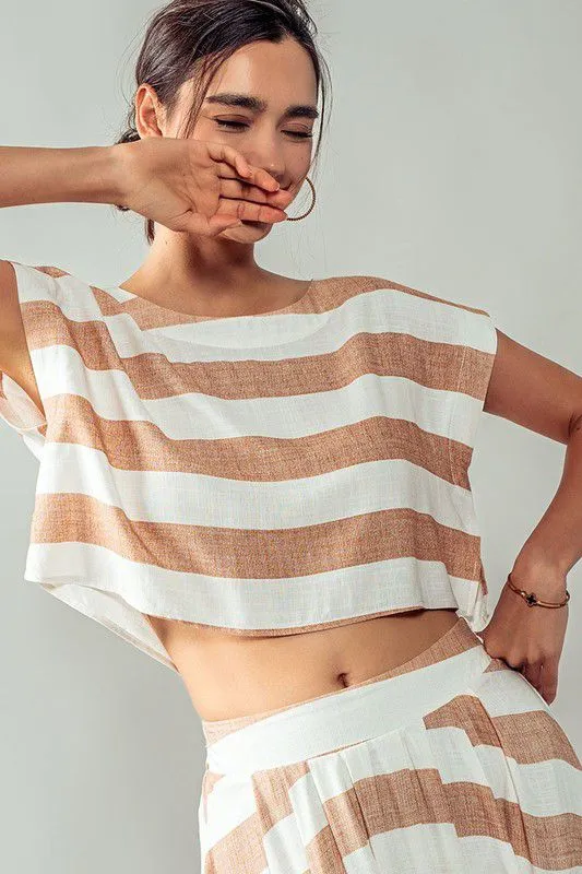 Breezy beachside striped taupe white cropped top