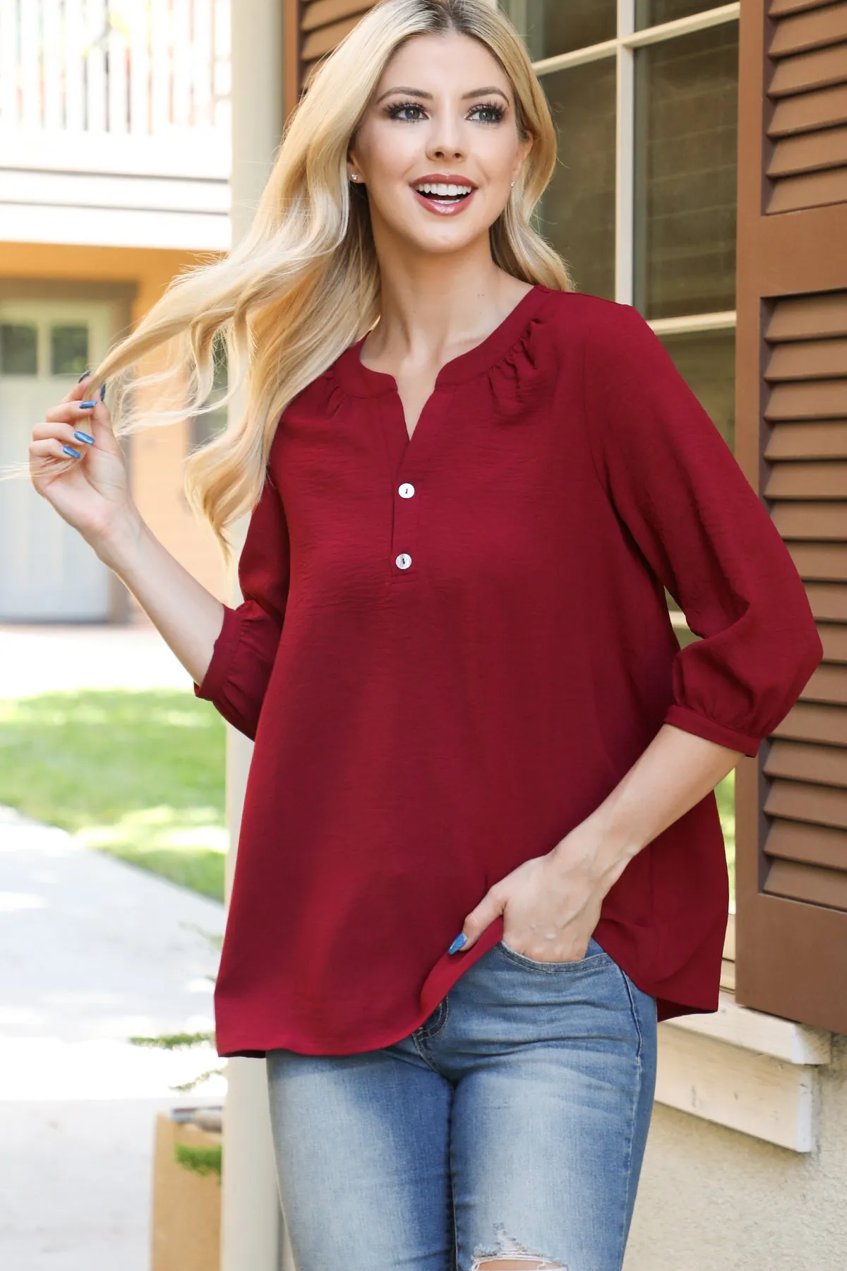 Button Detail Collar Woven Top