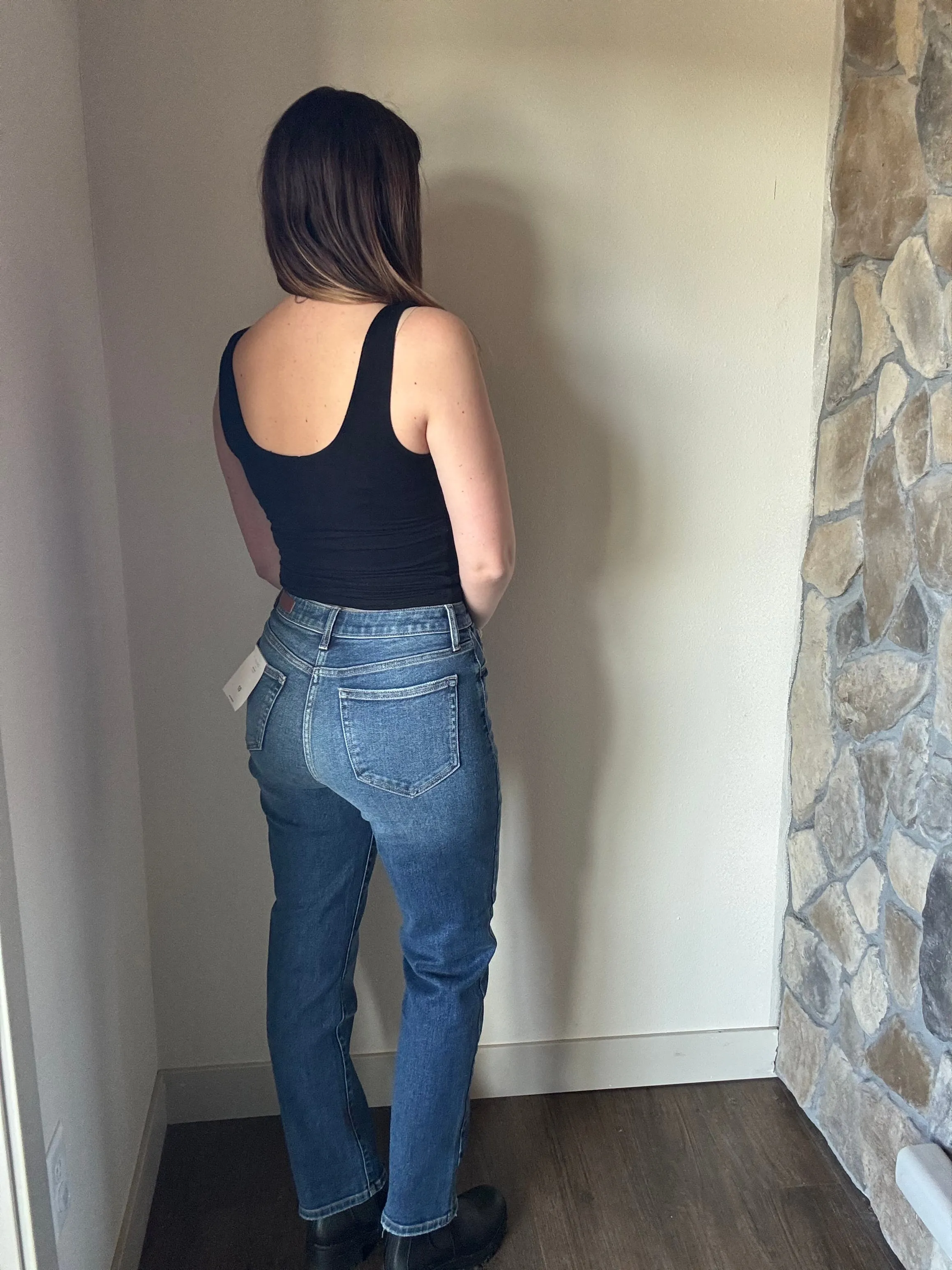cello medium wash high rise straight denim