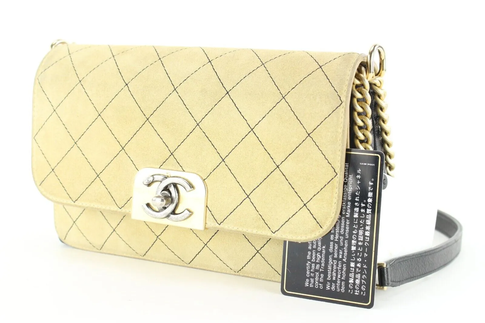 Chanel Beige Quilted Suede x Black Leather Classic Flap Bag 2CC1202