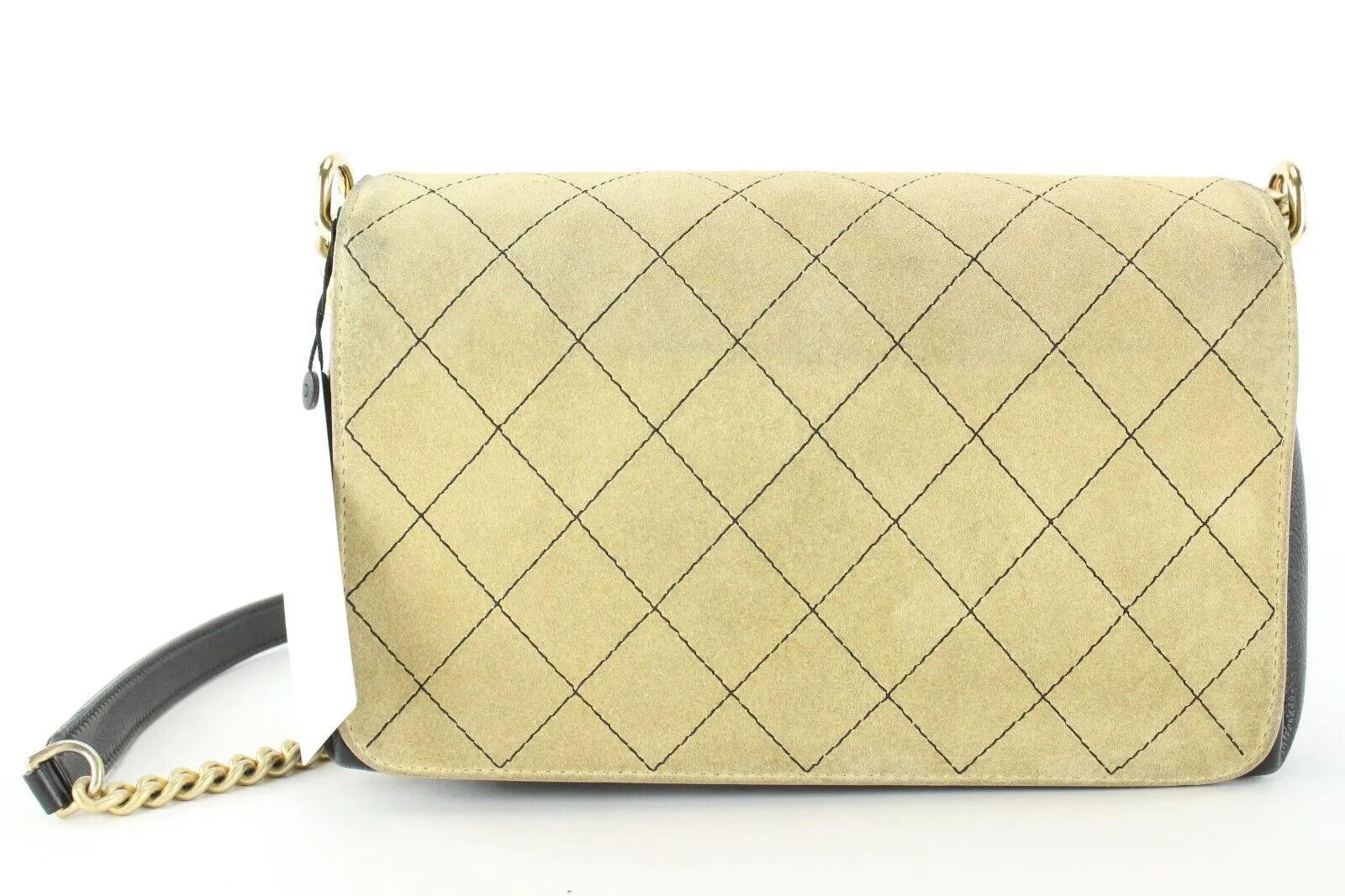Chanel Beige Quilted Suede x Black Leather Classic Flap Bag 2CC1202