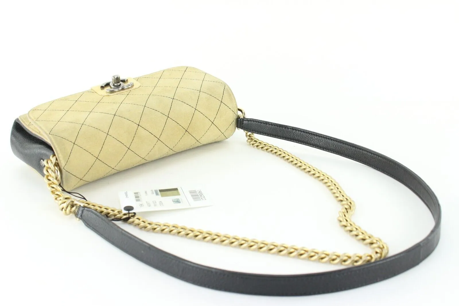 Chanel Beige Quilted Suede x Black Leather Classic Flap Bag 2CC1202