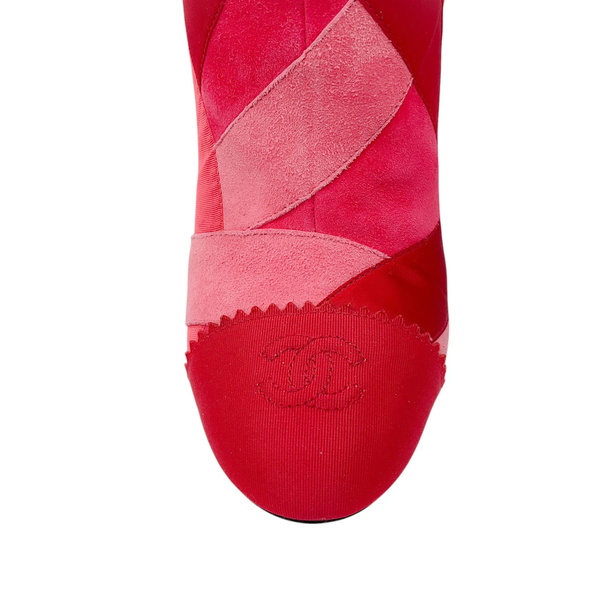Chanel Pink 2017 CC Logo Grosgrain Cap Toe Suede Patchwork Short Boots