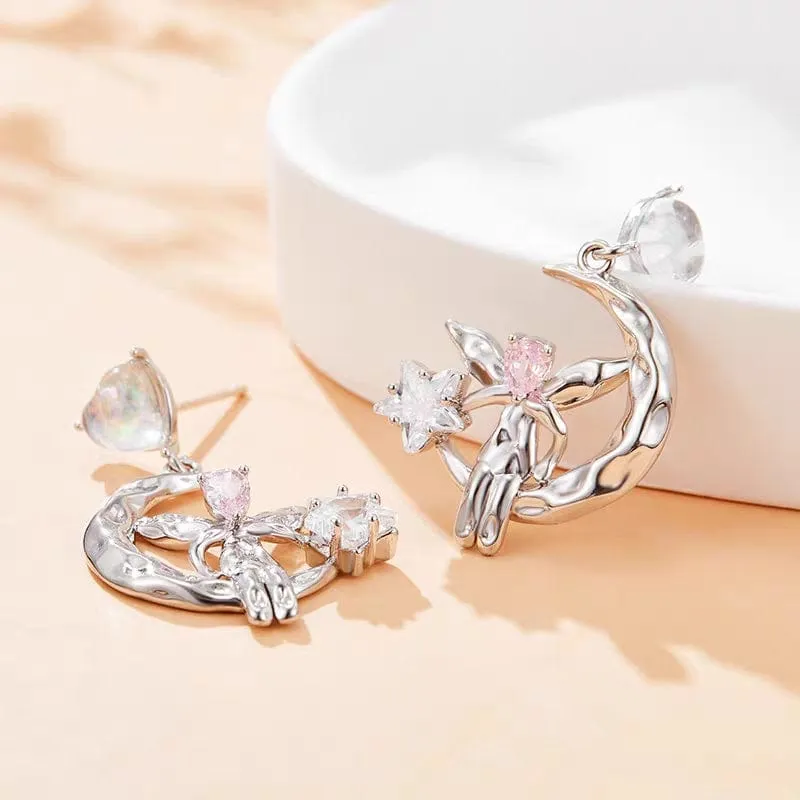 Chic CZ Inlaid Moon Star Angel Dangle Earrings