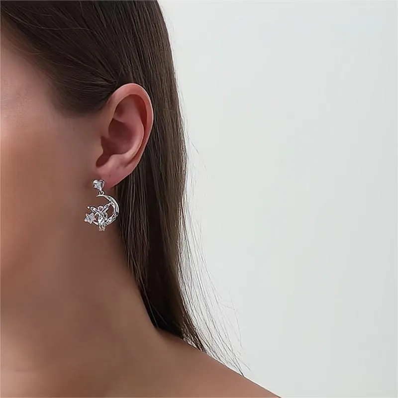 Chic CZ Inlaid Moon Star Angel Dangle Earrings