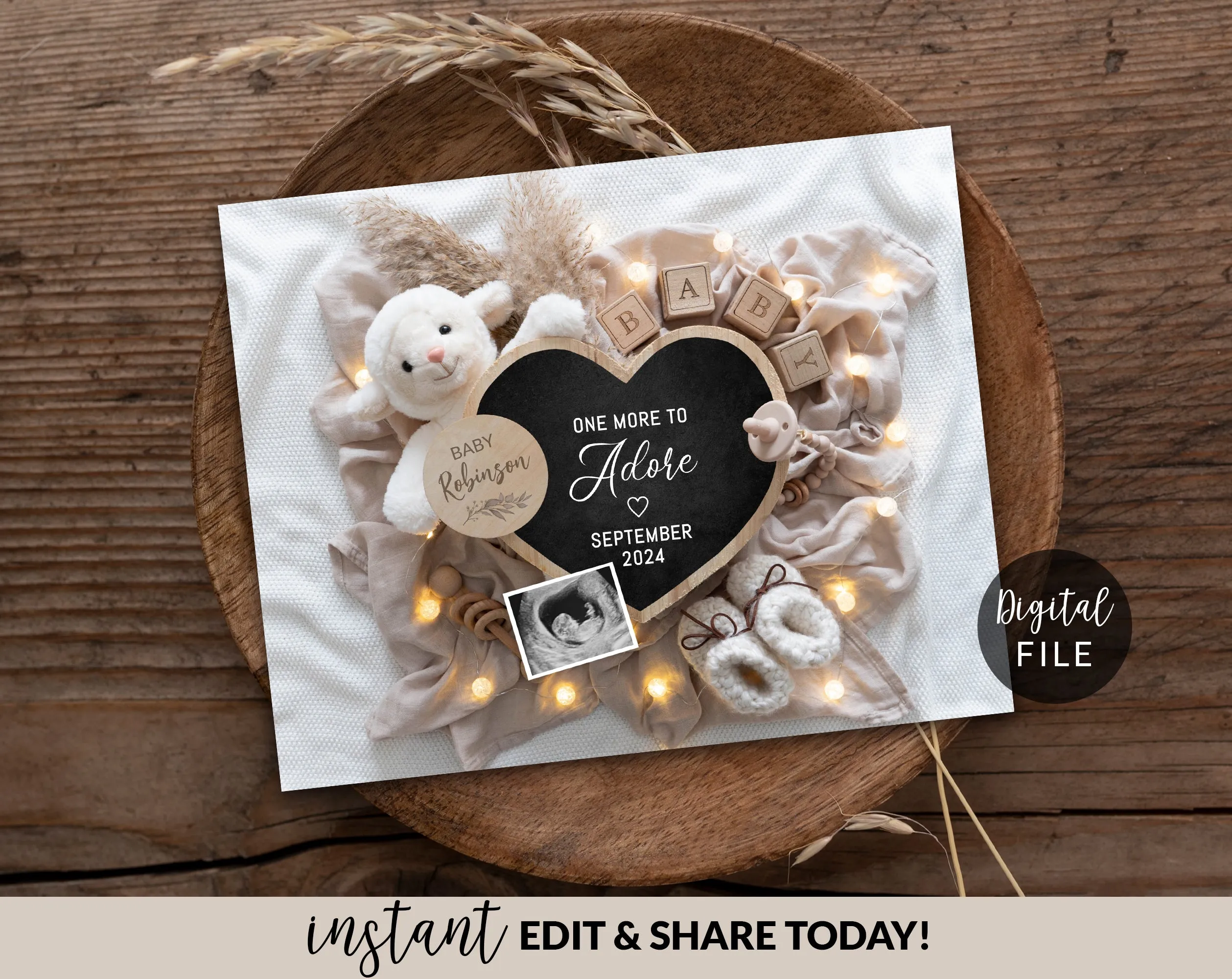 Christmas Digital Pregnancy Announcement - Heart With White & Red Ornaments