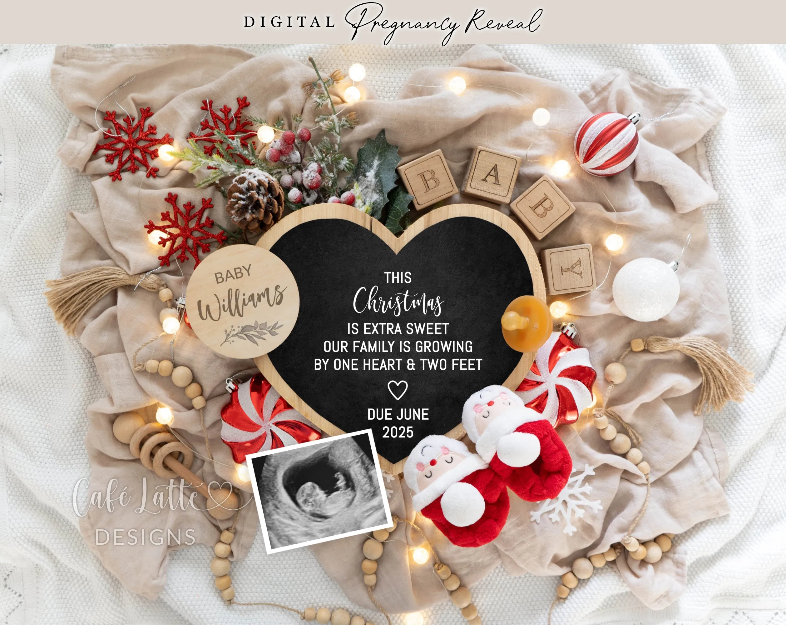 Christmas Digital Pregnancy Announcement - Heart With White & Red Ornaments