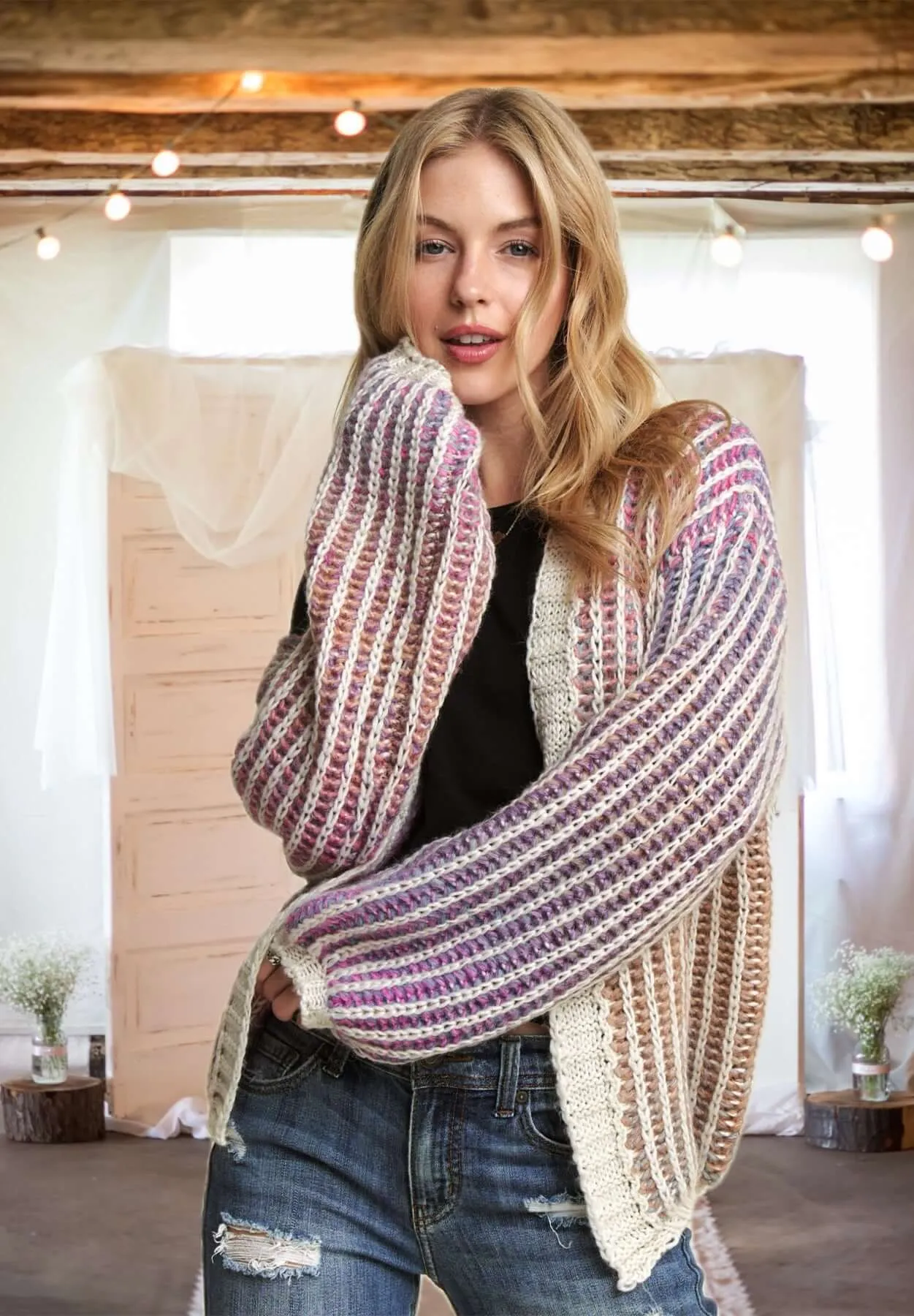 Color Your World Multi Color Ombre Sweater Cardigan in Pink - Curvy