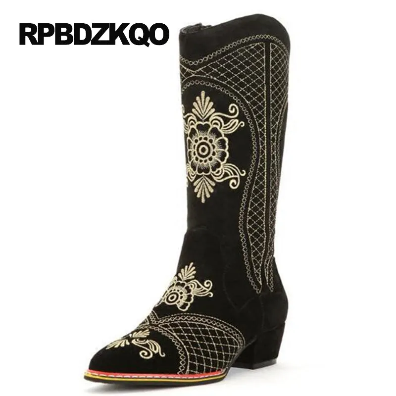 Cowgirl Long Autumn Embroidered Western Boots Cowboy Pointed Toe High Quality Shoes Knee Real Leather Fall Heel Women Chunky