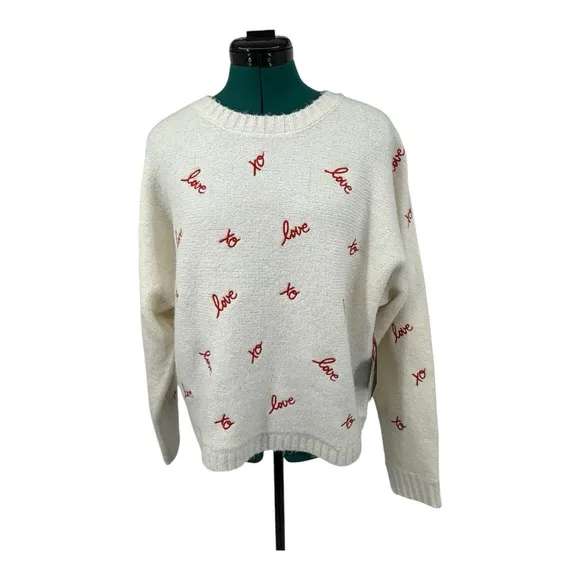 Cynthia Rowley Love Xo Red Embroidery Cream Soft Sweater NWT