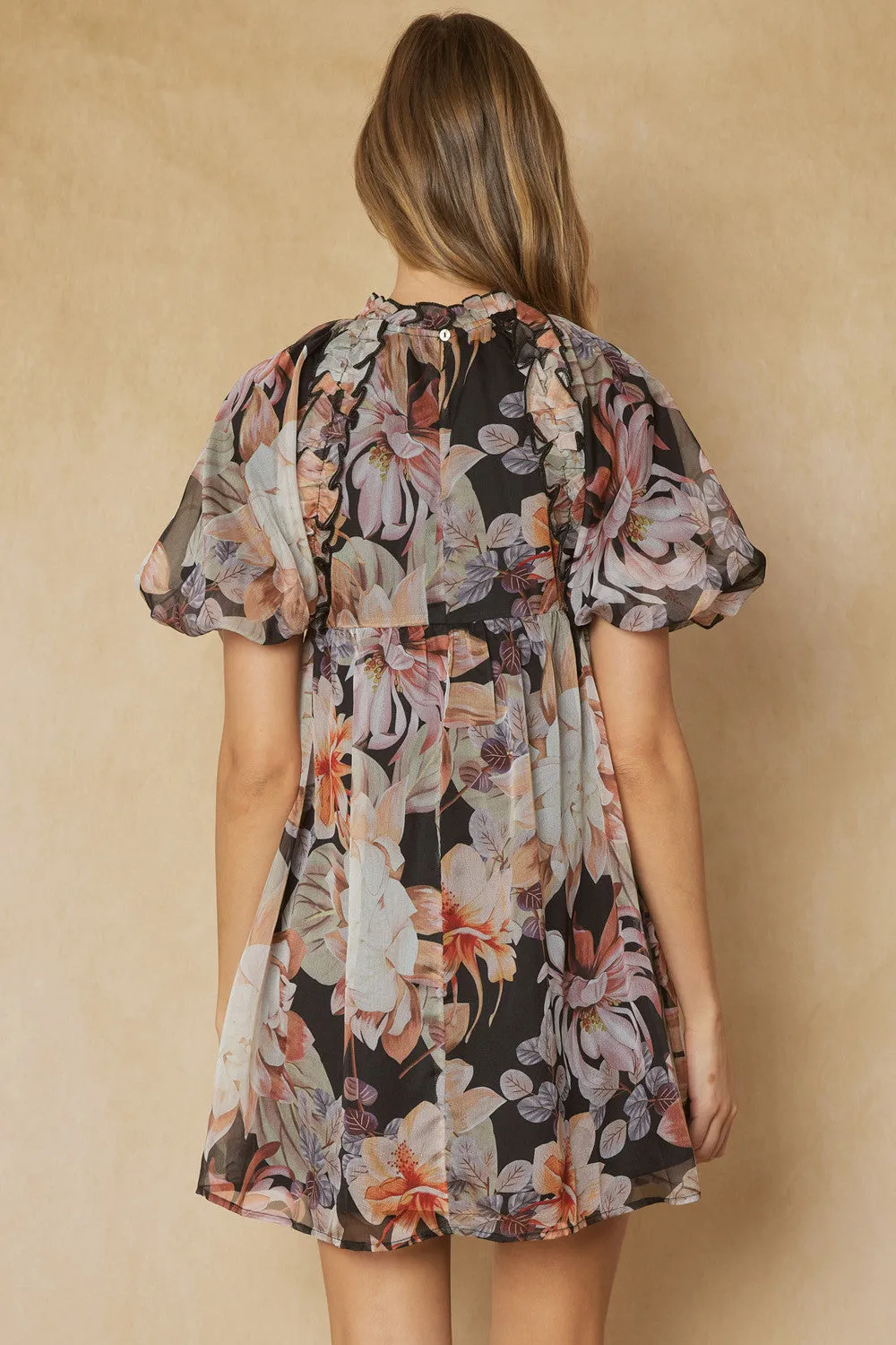 Dark Night Puff Sleeve Floral Dress