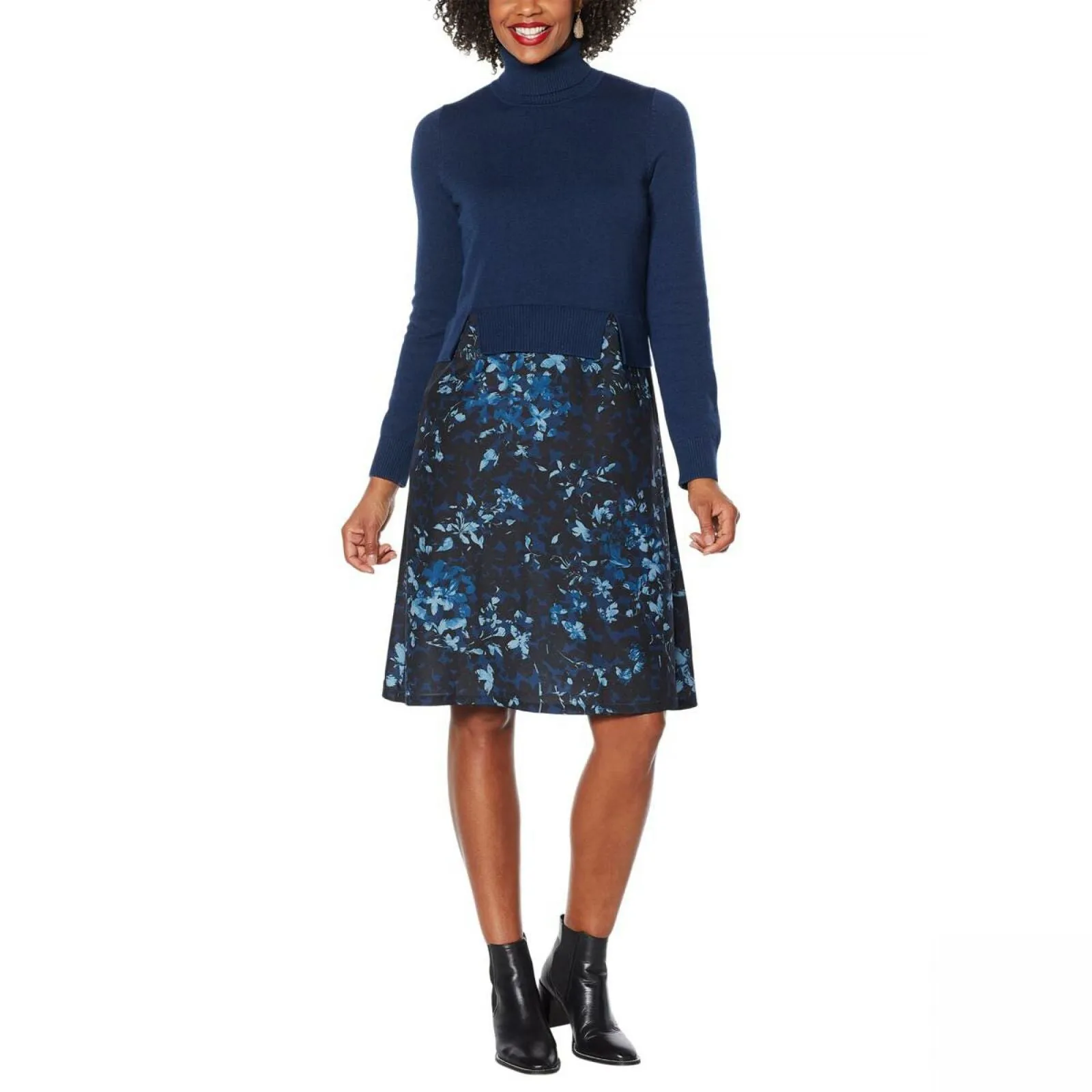DG2 by Diane Gilman Plus Size Floral Twofer Turtleneck Sweater Dress
