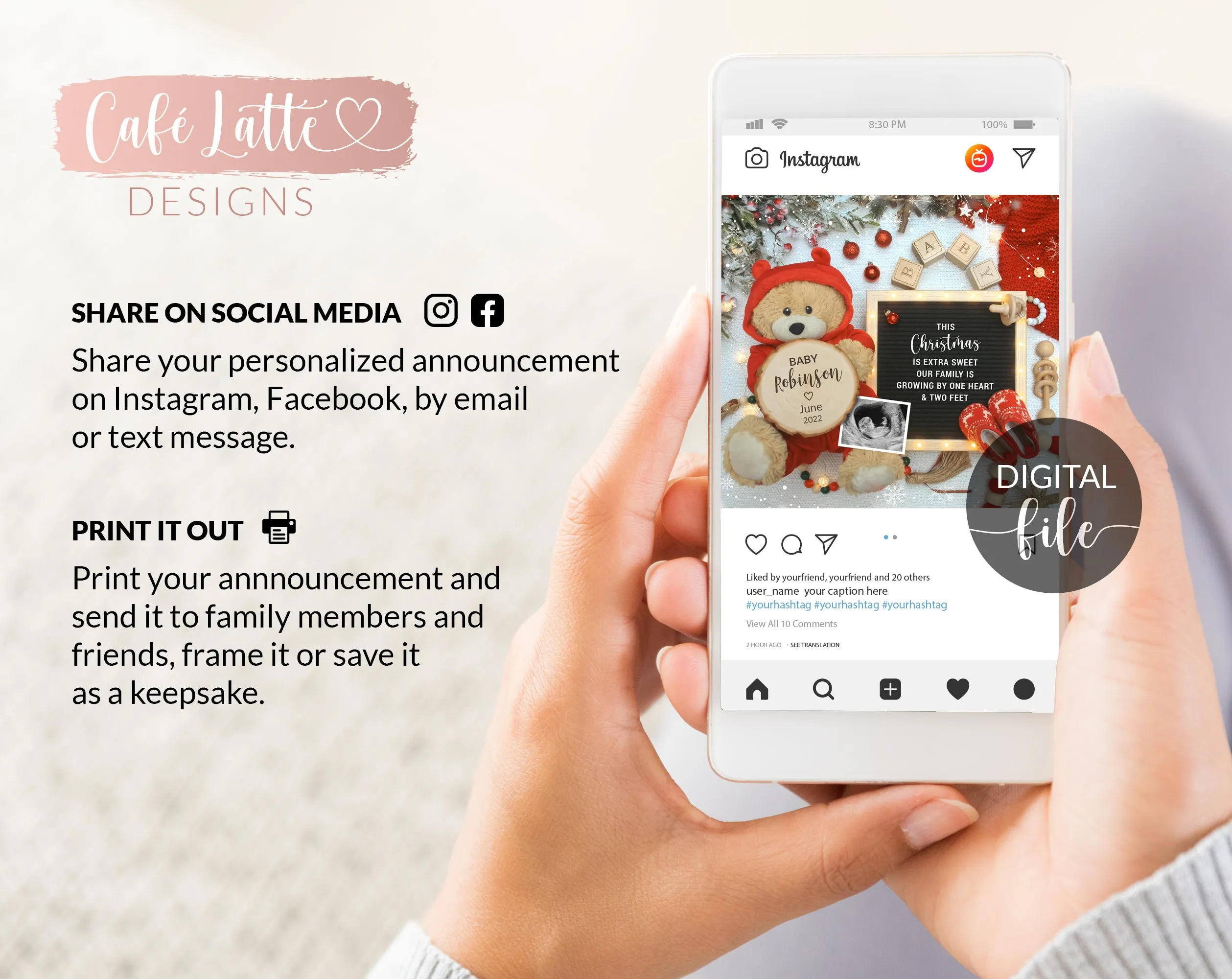 Digital Christmas Pregnancy Announcement Social Media Santa Coming To Town, Reason To Be Merry, The More The Merrier, Snowflakes Bear Winter