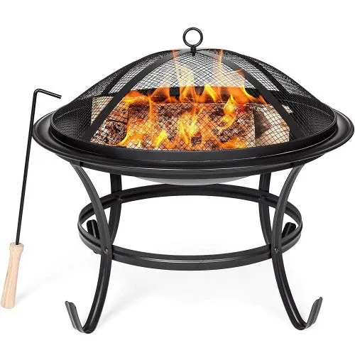 Elite’s New Elegant Upgraded 22" Round Fire Pit W Cover | Outdoor Steel Wood Burning Fire Pit | For BBQing | Grill W Round Mesh | Spark Screen Cover