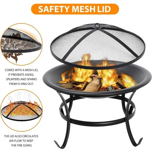 Elite’s New Elegant Upgraded 22" Round Fire Pit W Cover | Outdoor Steel Wood Burning Fire Pit | For BBQing | Grill W Round Mesh | Spark Screen Cover