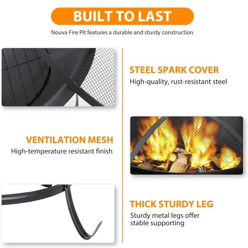 Elite’s New Elegant Upgraded 22" Round Fire Pit W Cover | Outdoor Steel Wood Burning Fire Pit | For BBQing | Grill W Round Mesh | Spark Screen Cover