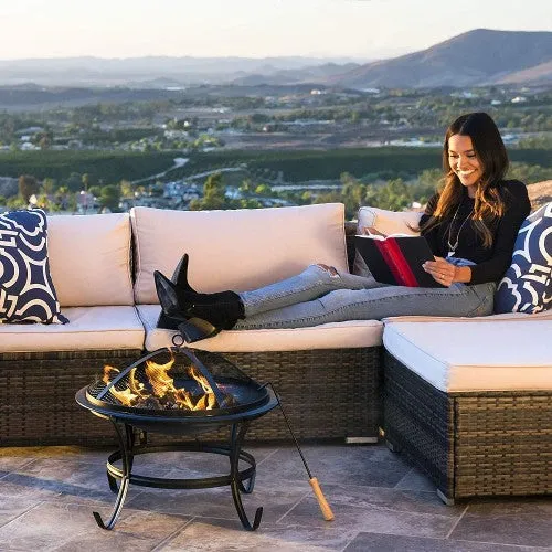 Elite’s New Elegant Upgraded 22" Round Fire Pit W Cover | Outdoor Steel Wood Burning Fire Pit | For BBQing | Grill W Round Mesh | Spark Screen Cover