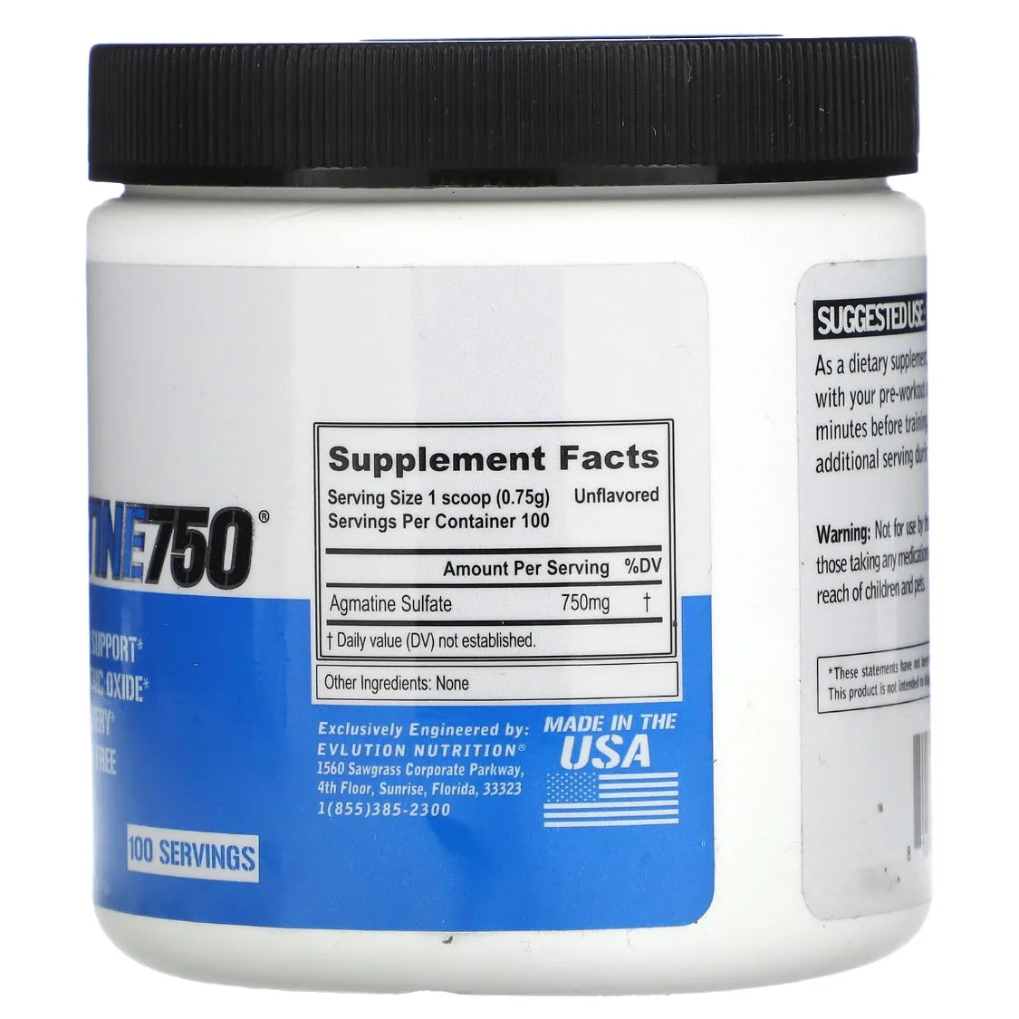 EVLution Nutrition Agmatine750 Unflavored 2.65 oz (75 g) EXP Jan 2026