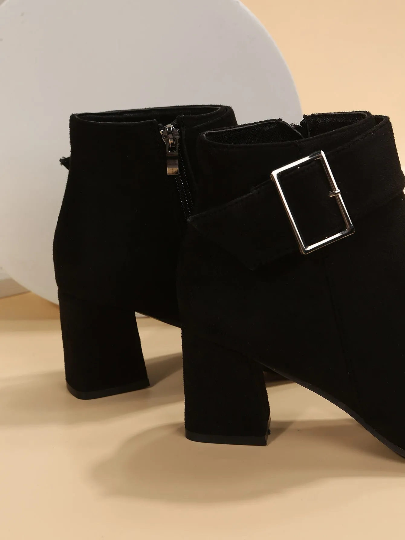 Faux Suede Buckle Detail Chunky Heel Boots - Black
