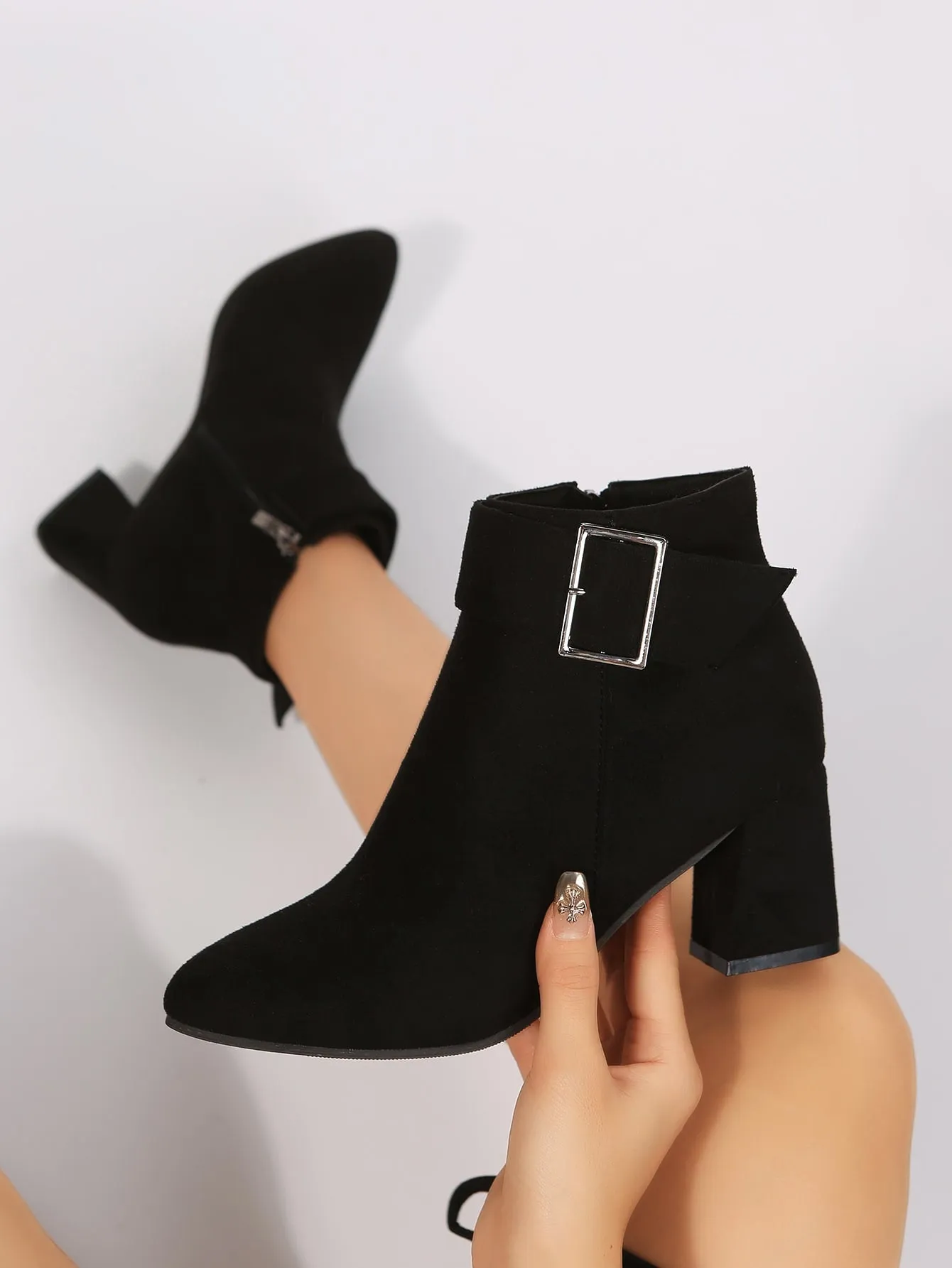 Faux Suede Buckle Detail Chunky Heel Boots - Black