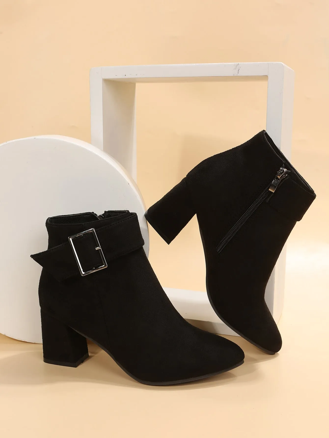 Faux Suede Buckle Detail Chunky Heel Boots - Black