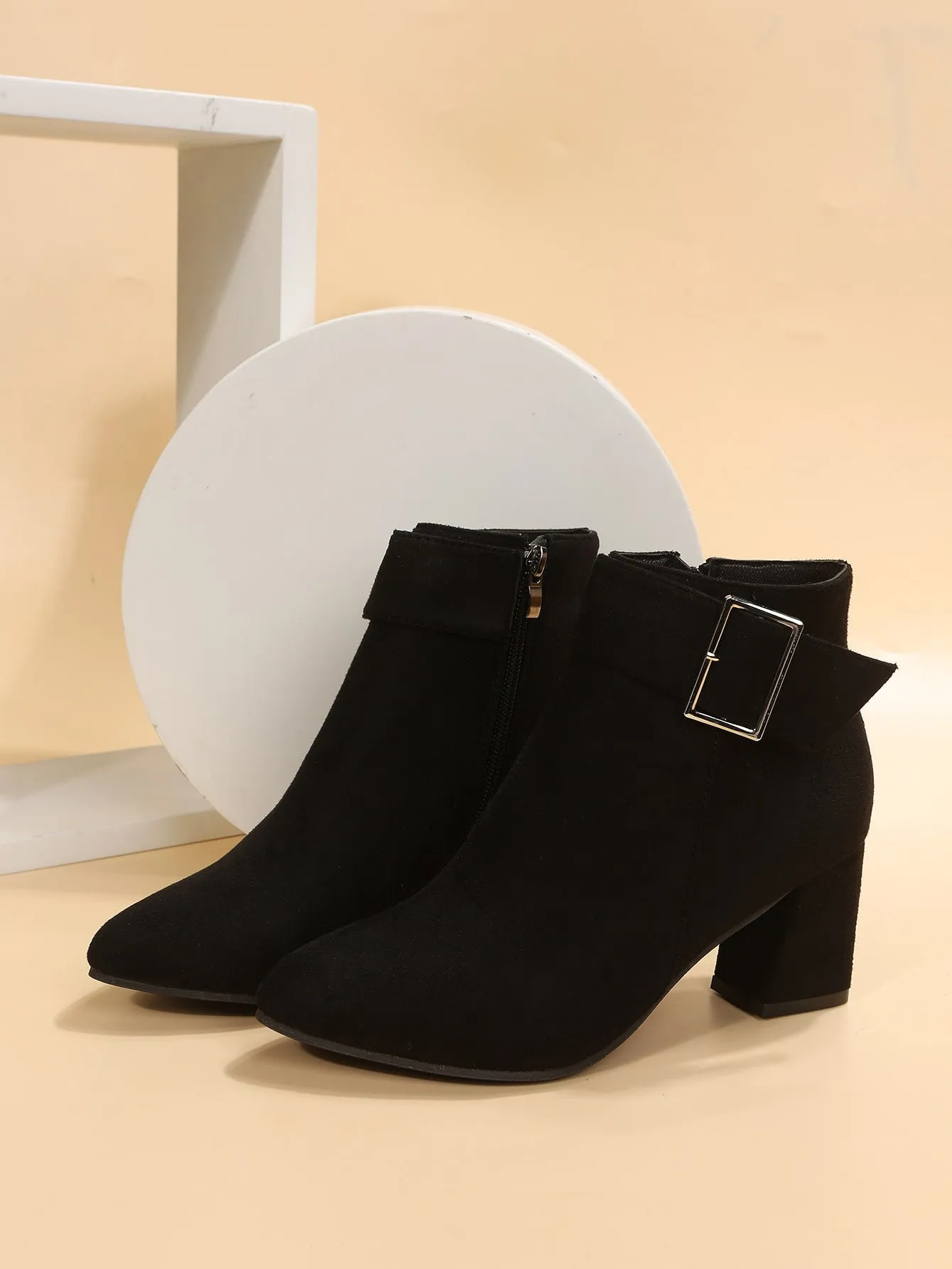 Faux Suede Buckle Detail Chunky Heel Boots - Black