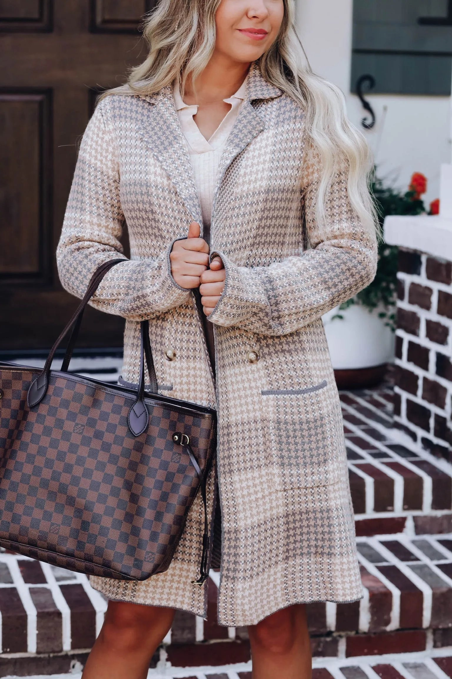 Glen Plaid Relaxed Knit Coat - Grey