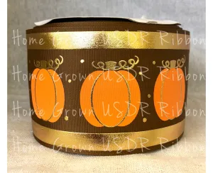 Gold Foil Pumpkins 3 Inch USDR Ribbon - Brown