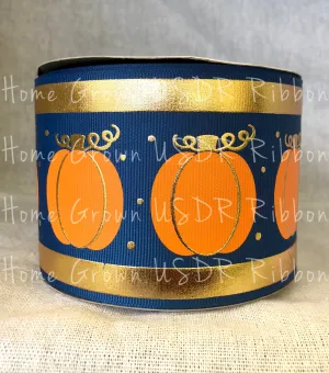 Gold Foil Pumpkins 3 Inch USDR Ribbon - Light Navy